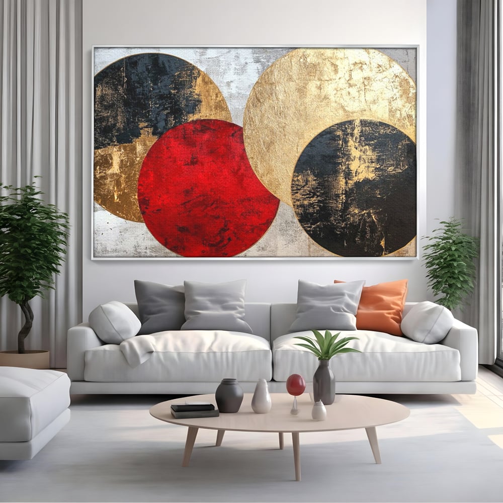 Tablou canvas cu tablou canvas cu cercuri abstracte, in rama de aluminiu argintiu, pe perete intr-un living